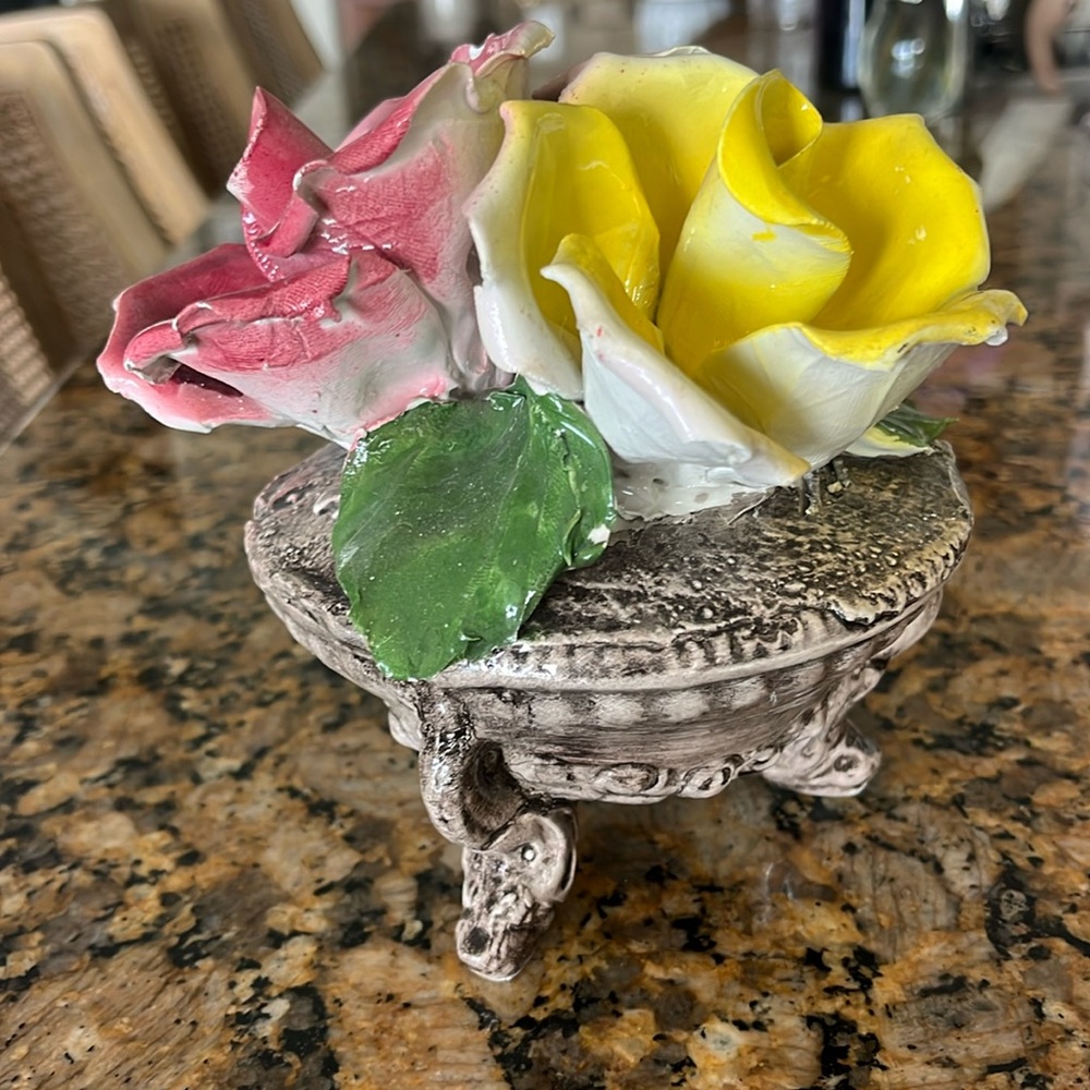 Vintage Capodimonte porcelain hand painted pink and yellow Floral Arrangement